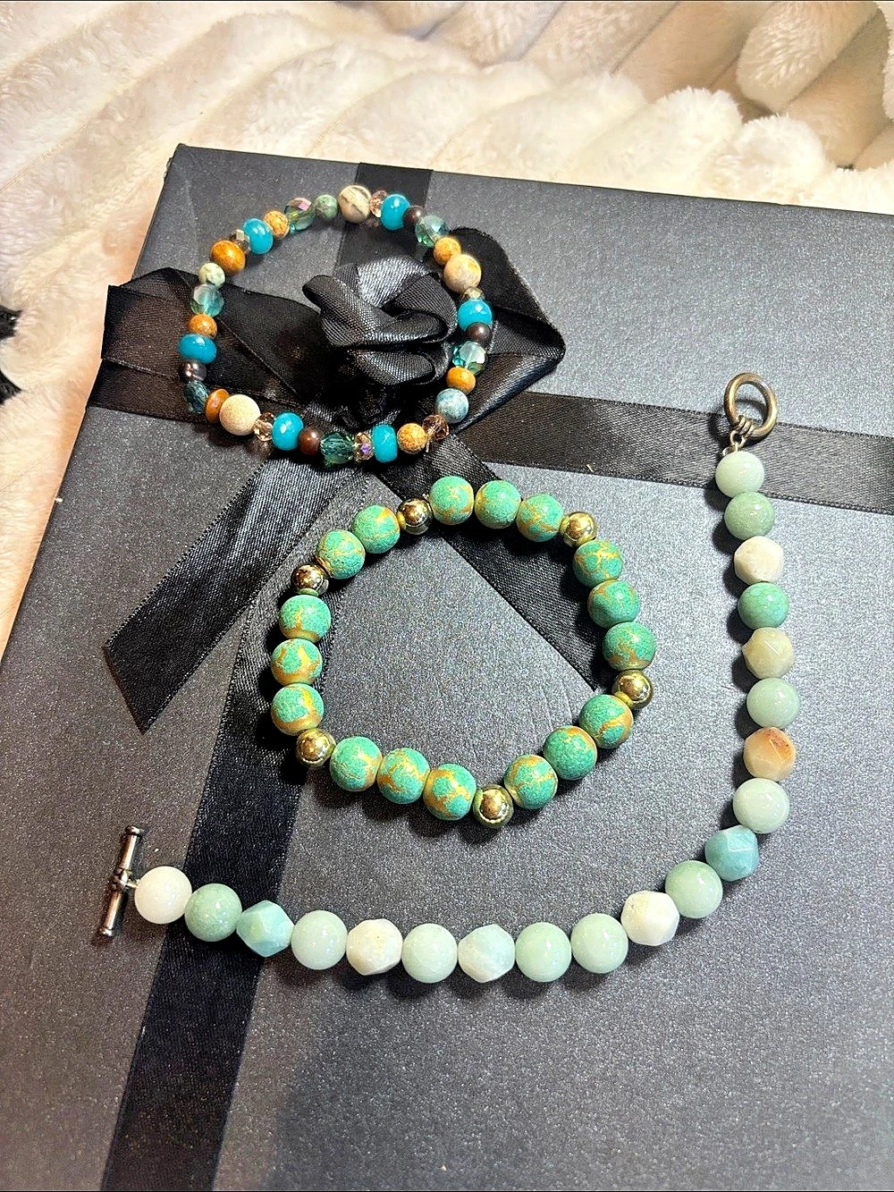 9” Toggle Bracelet and 2 Stretch Beaded Bracelets Green & White